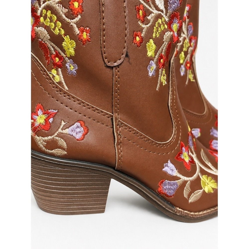 Women Floral Embroidery Western Ankle Boots Brown Low Heel Booties US 5 - Picture 2 of 4